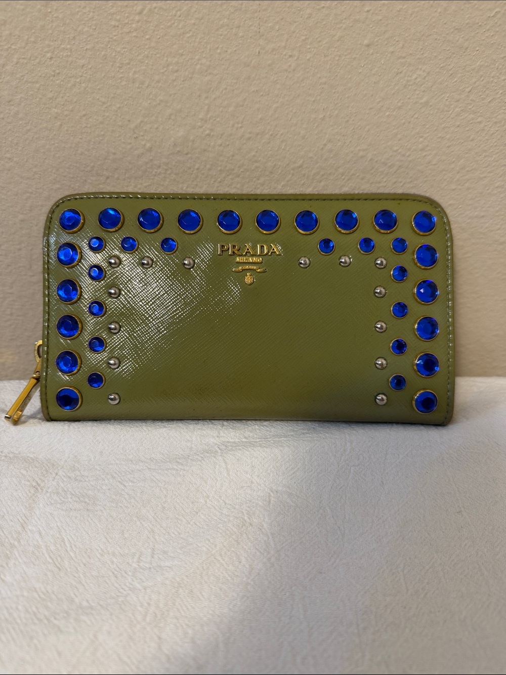 Prada Olive Saffiano Bijou Jewel Leather Zip Around Long Zippy Wallet